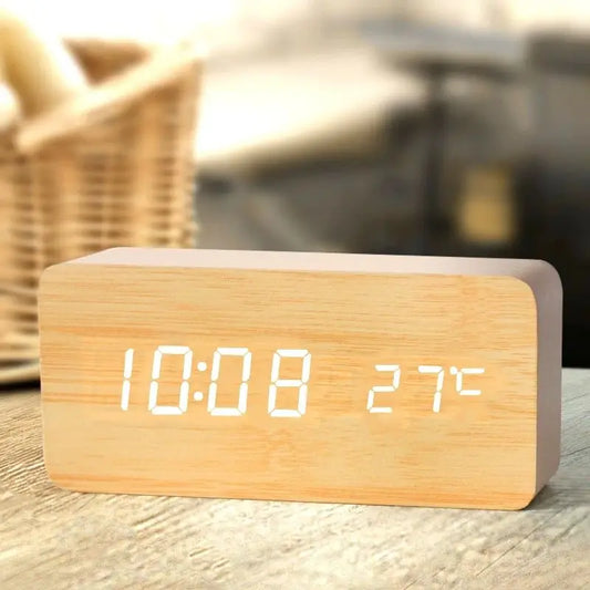 Wooden LED Alarm Clock with Temperature Display