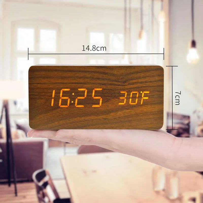 Wooden LED Alarm Clock with Temperature Display