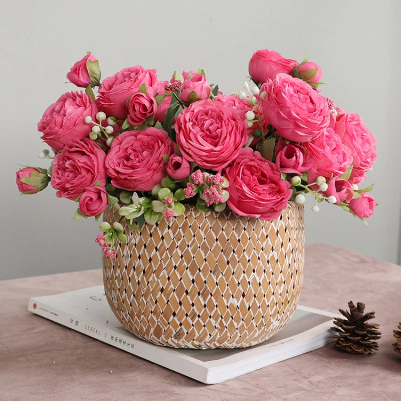 Silk Rose Pink Peony Bouquet, 30cm, 5 Big Heads & 4 Buds