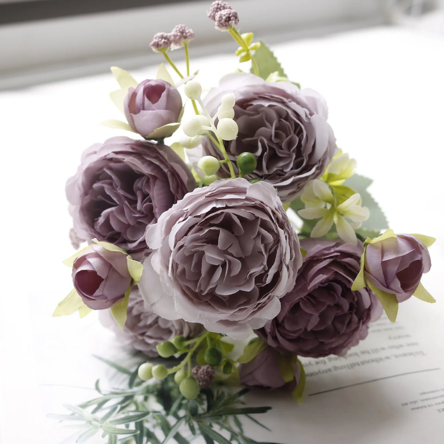 Silk Rose Pink Peony Bouquet, 30cm, 5 Big Heads & 4 Buds