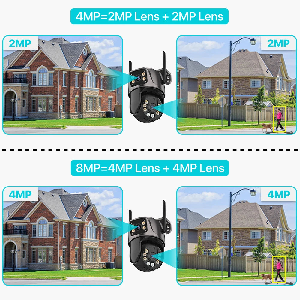 4K 8MP HD Wifi PTZ Camera Outdoor (4MP Dual Lens Dual Screen AI Auto Tracking IP Camera CCTV Audio Video Surveillance)