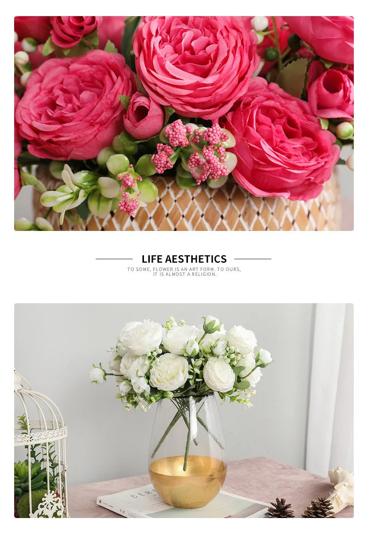 Silk Rose Pink Peony Bouquet, 30cm, 5 Big Heads & 4 Buds