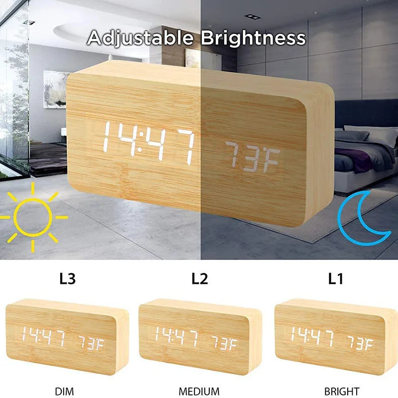 Wooden LED Alarm Clock with Temperature Display