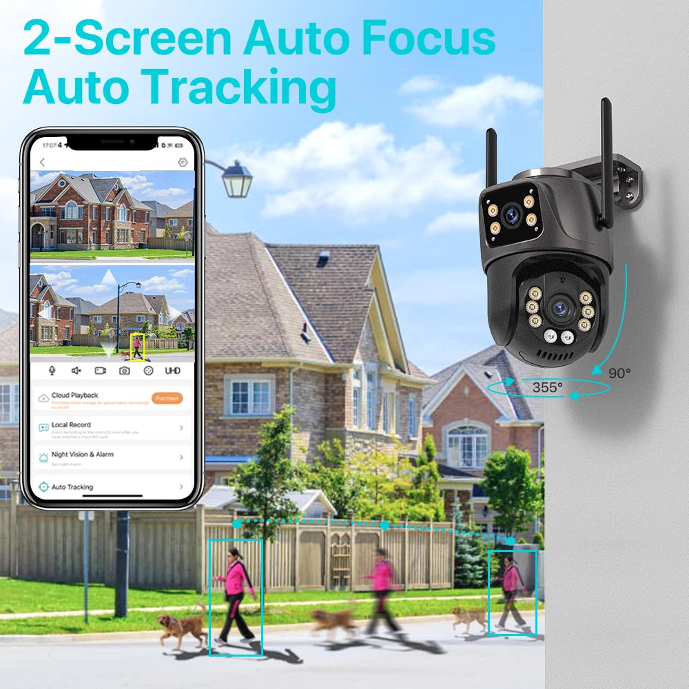 4K 8MP HD Wifi PTZ Camera Outdoor (4MP Dual Lens Dual Screen AI Auto Tracking IP Camera CCTV Audio Video Surveillance)