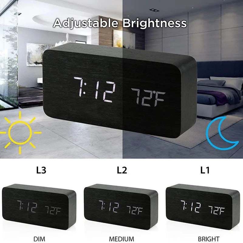 Wooden LED Alarm Clock with Temperature Display