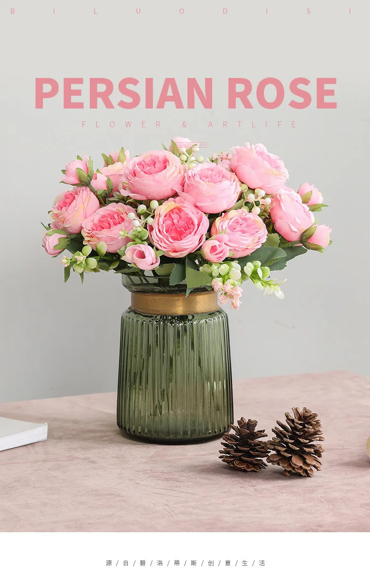 Silk Rose Pink Peony Bouquet, 30cm, 5 Big Heads & 4 Buds