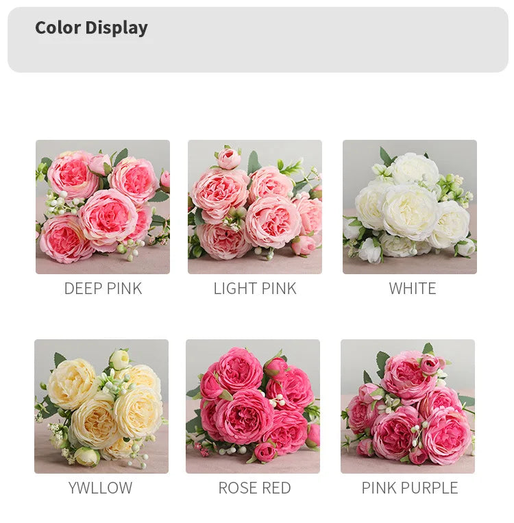 Silk Rose Pink Peony Bouquet, 30cm, 5 Big Heads & 4 Buds
