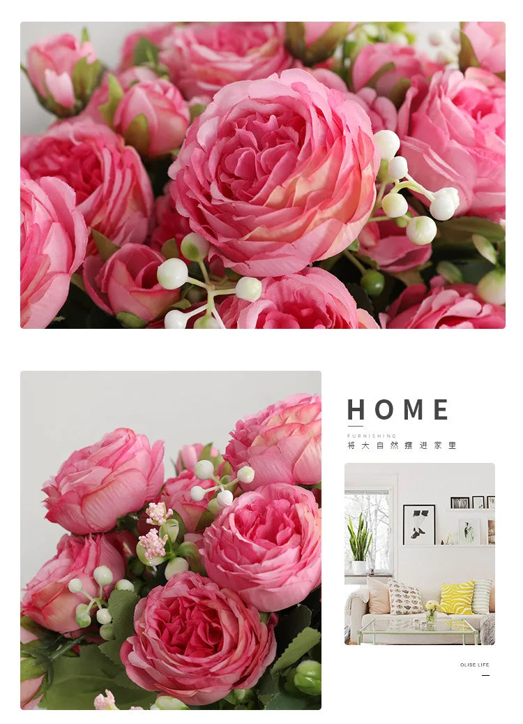 Silk Rose Pink Peony Bouquet, 30cm, 5 Big Heads & 4 Buds