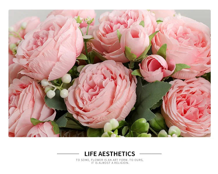 Silk Rose Pink Peony Bouquet, 30cm, 5 Big Heads & 4 Buds