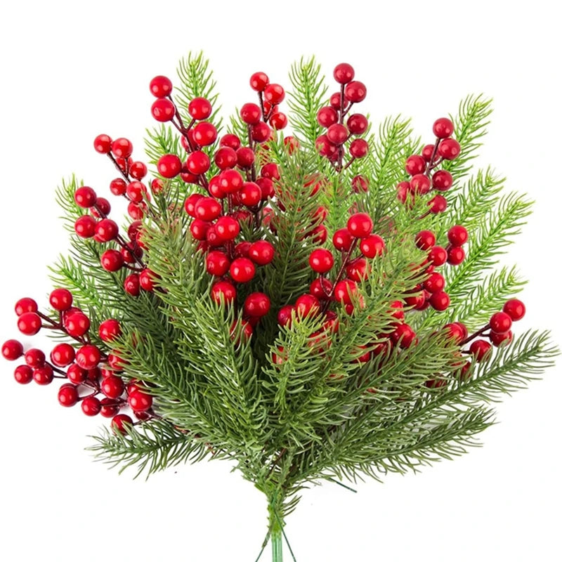 Christmas Pine Branches with Red Berries (10 Pcs)