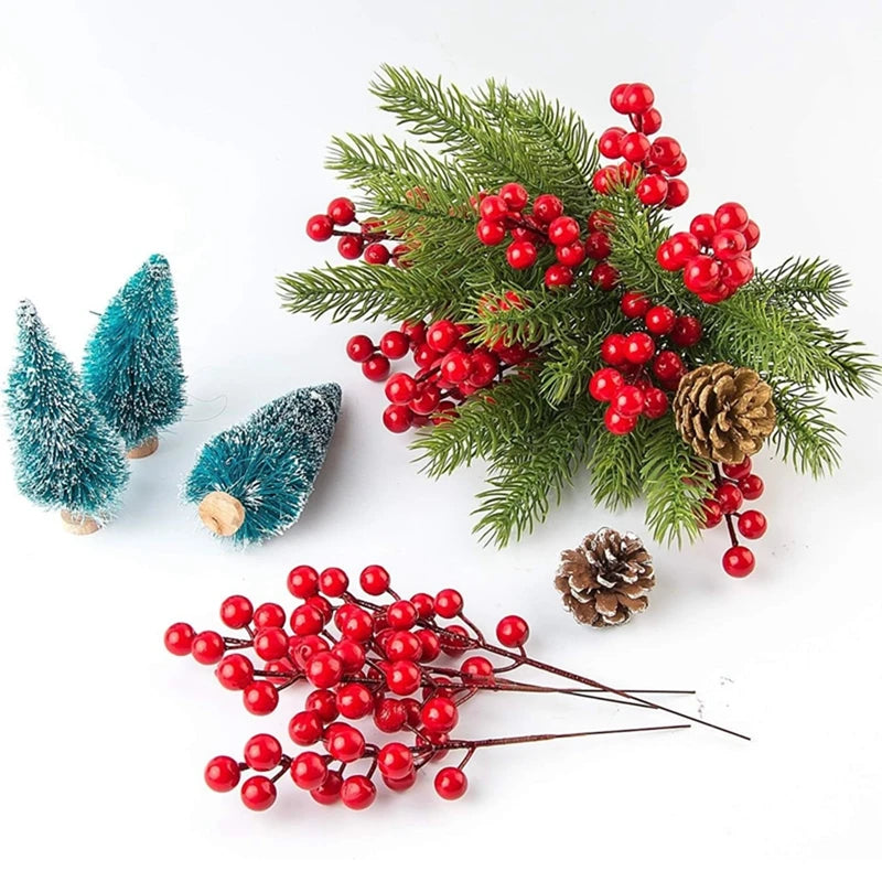 Christmas Pine Branches with Red Berries (10 Pcs)