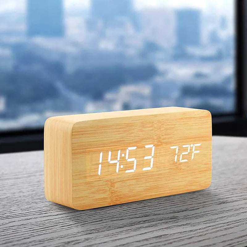 Wooden LED Alarm Clock with Temperature Display