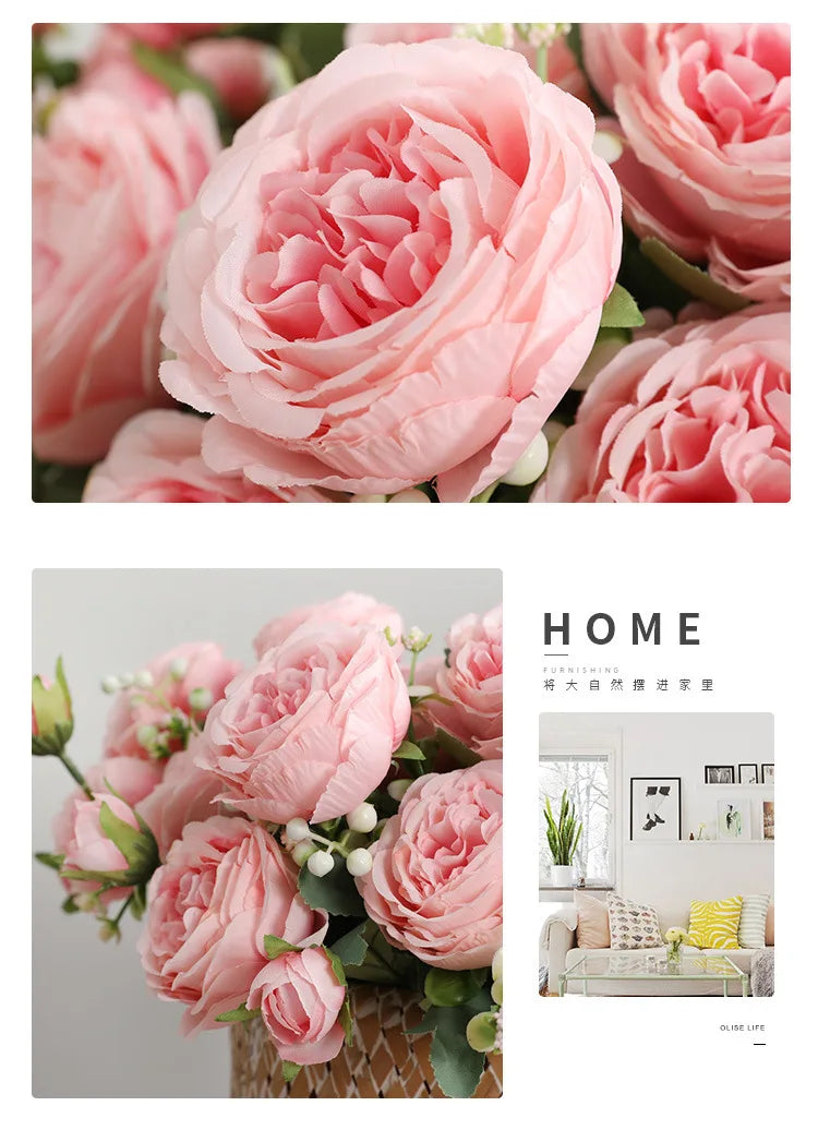 Silk Rose Pink Peony Bouquet, 30cm, 5 Big Heads & 4 Buds