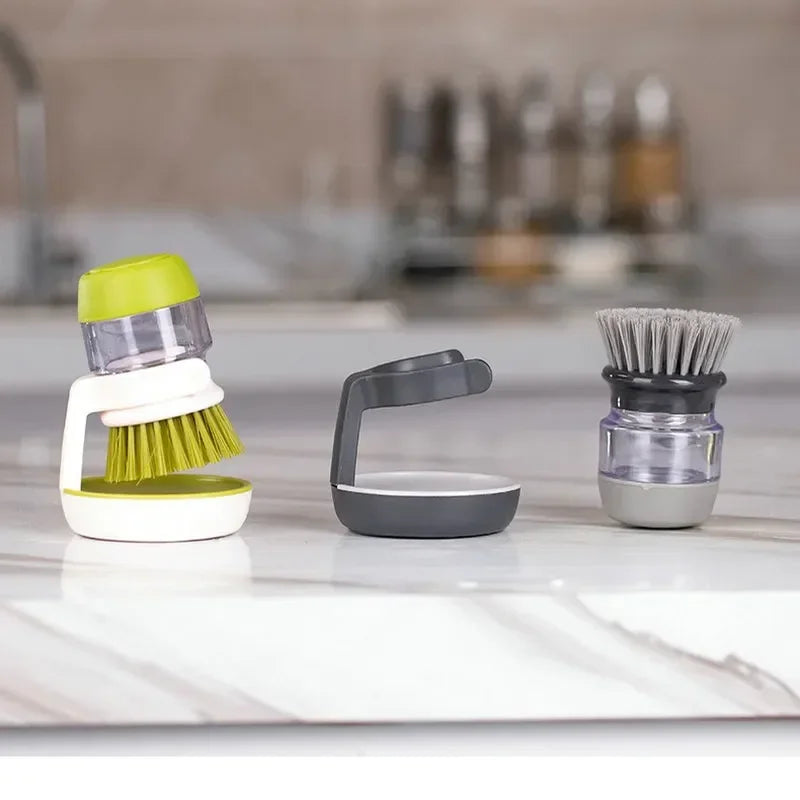 Soap-Dispensing Palm Brush With Holder Drip Tray