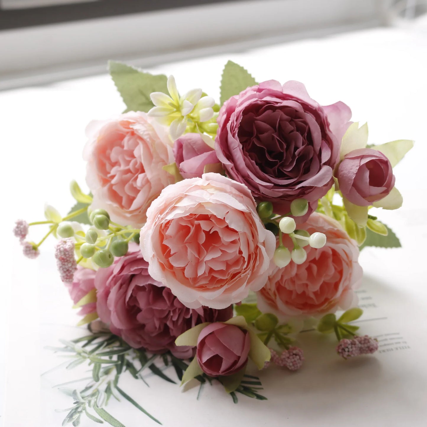 Silk Rose Pink Peony Bouquet, 30cm, 5 Big Heads & 4 Buds