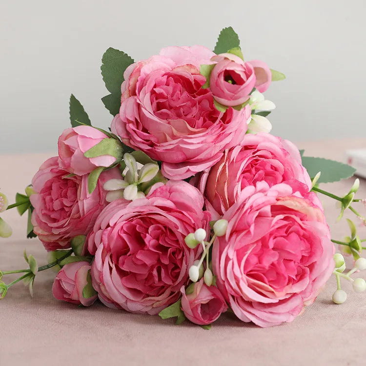 Silk Rose Pink Peony Bouquet, 30cm, 5 Big Heads & 4 Buds