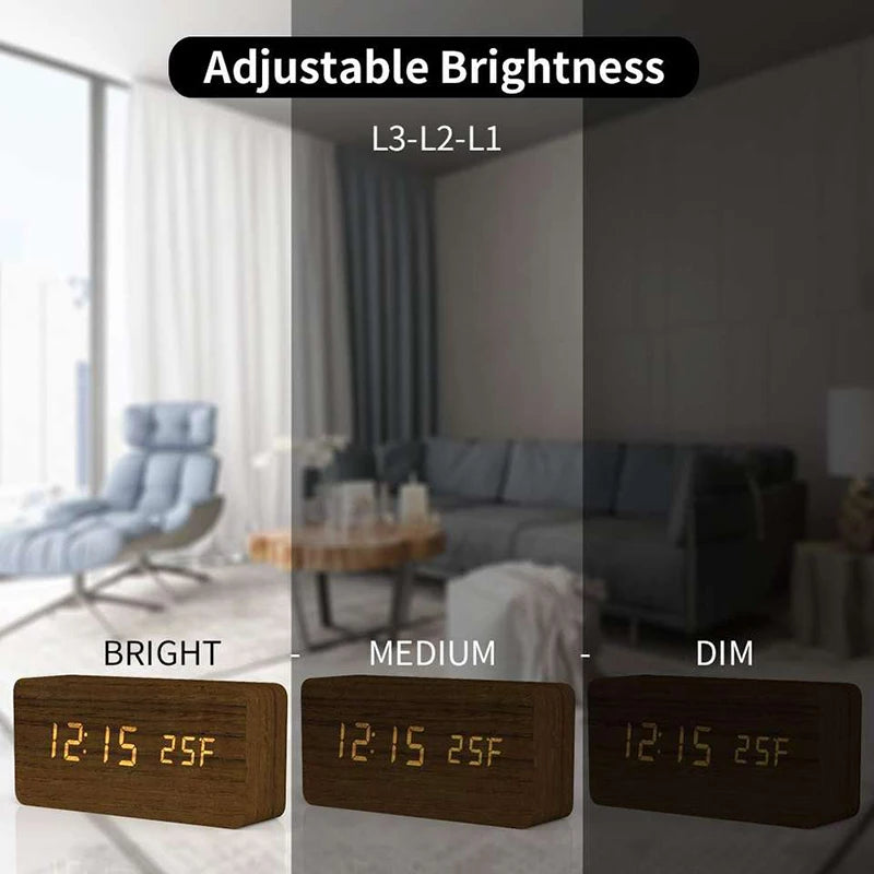Wooden LED Alarm Clock with Temperature Display