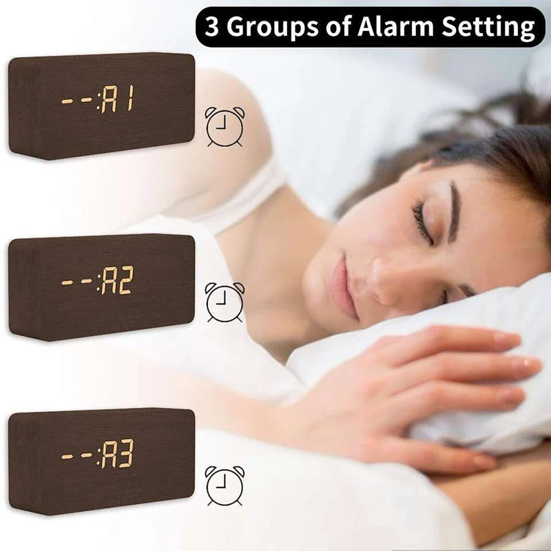 Wooden LED Alarm Clock with Temperature Display