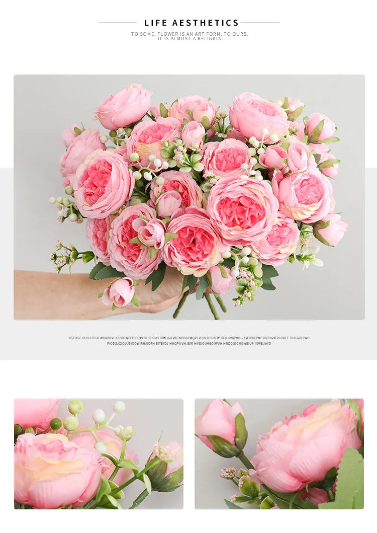 Silk Rose Pink Peony Bouquet, 30cm, 5 Big Heads & 4 Buds