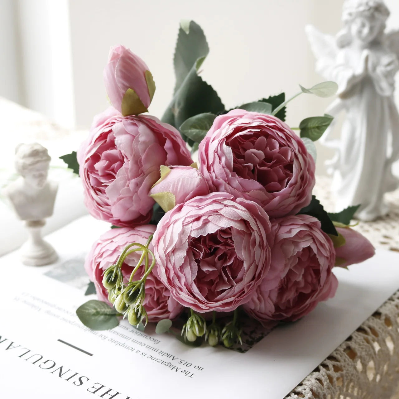 Silk Rose Pink Peony Bouquet, 30cm, 5 Big Heads & 4 Buds