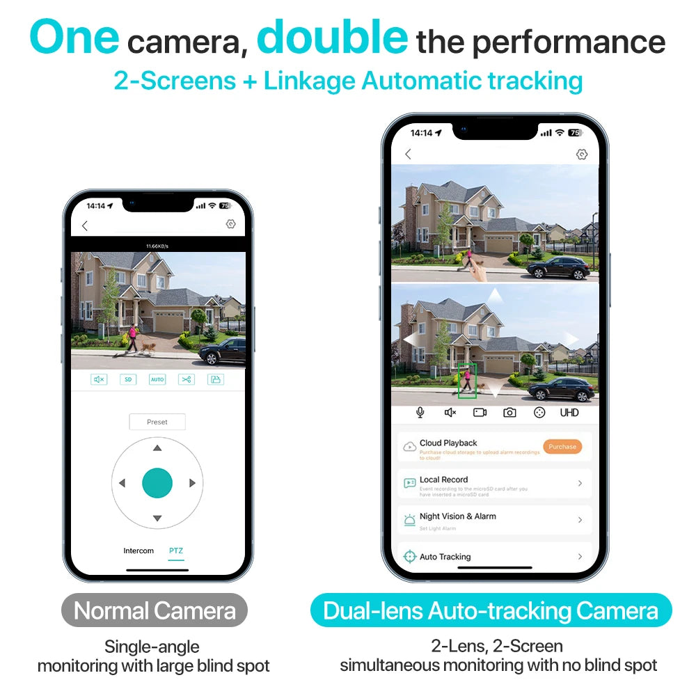 4K 8MP HD Wifi PTZ Camera Outdoor (4MP Dual Lens Dual Screen AI Auto Tracking IP Camera CCTV Audio Video Surveillance)
