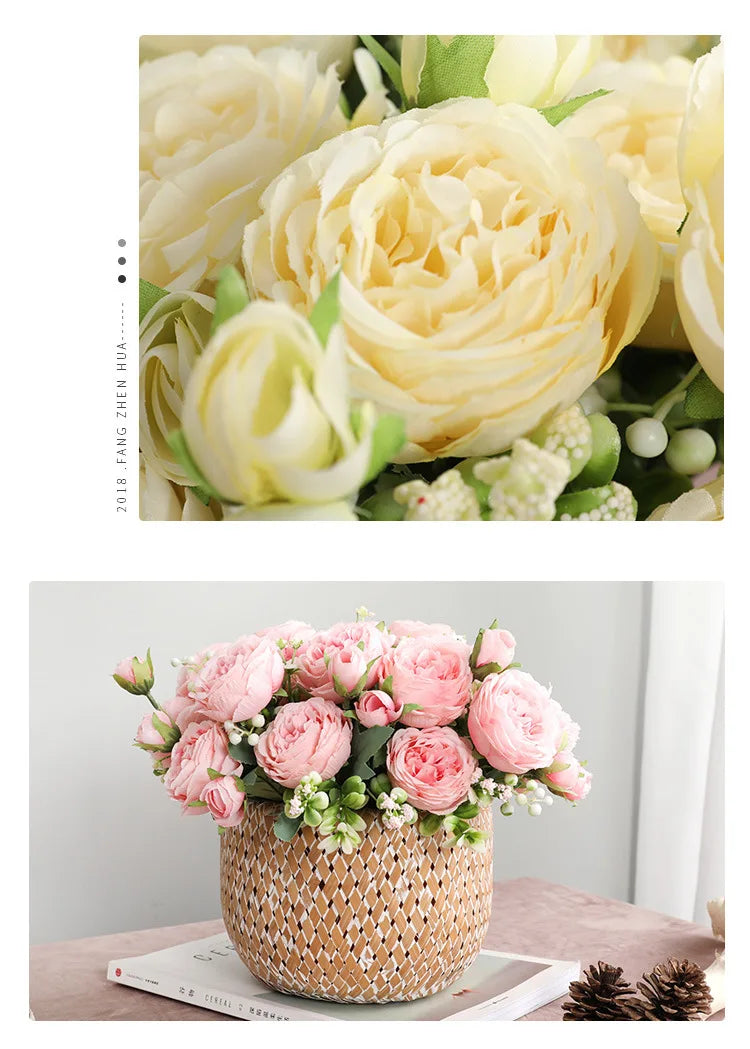 Silk Rose Pink Peony Bouquet, 30cm, 5 Big Heads & 4 Buds