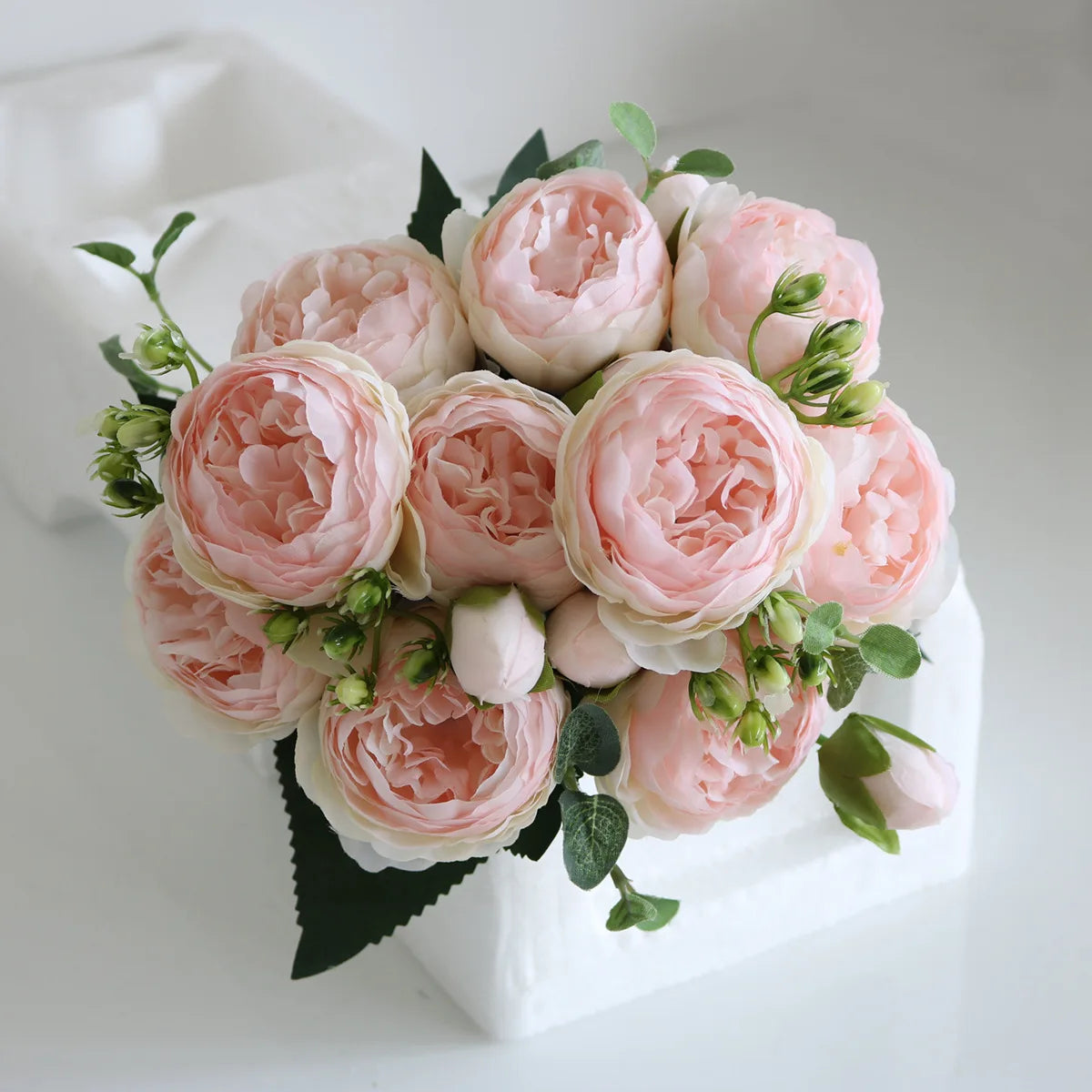 Silk Rose Pink Peony Bouquet, 30cm, 5 Big Heads & 4 Buds
