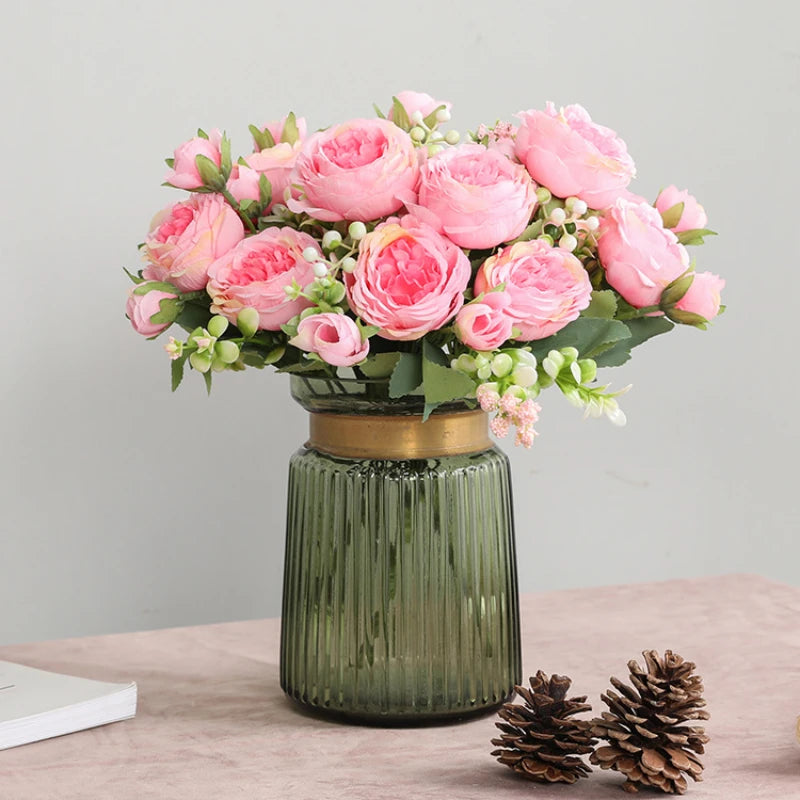Silk Rose Pink Peony Bouquet, 30cm, 5 Big Heads & 4 Buds