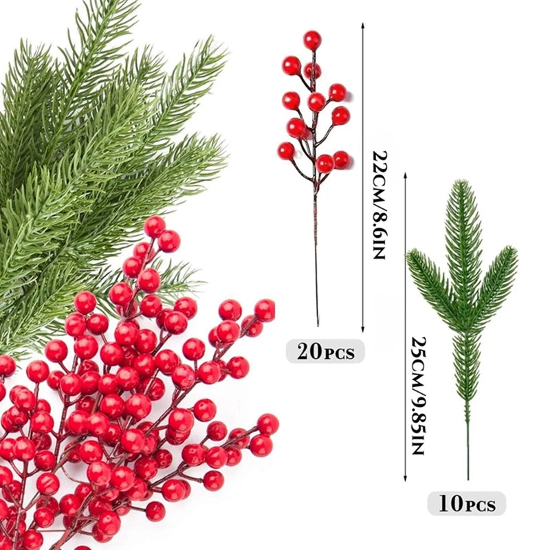 Christmas Pine Branches with Red Berries (10 Pcs)
