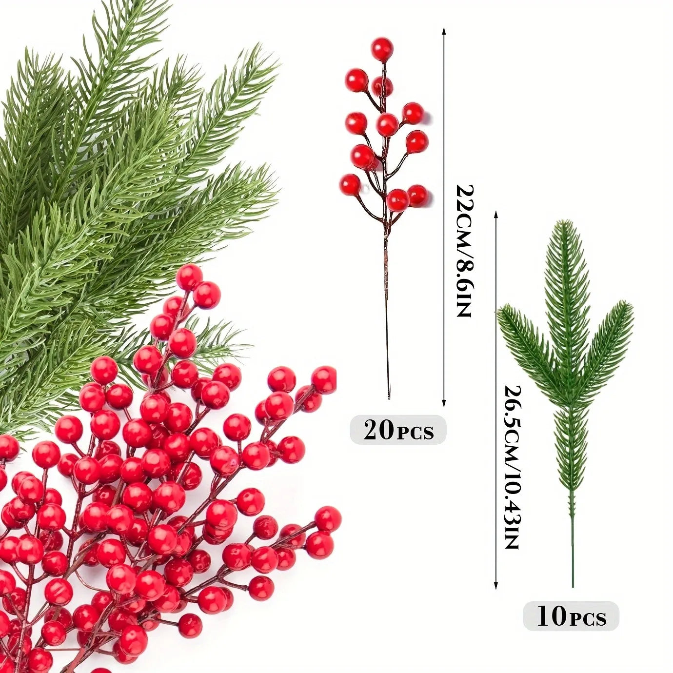 Christmas Pine Branches with Red Berries (10 Pcs)