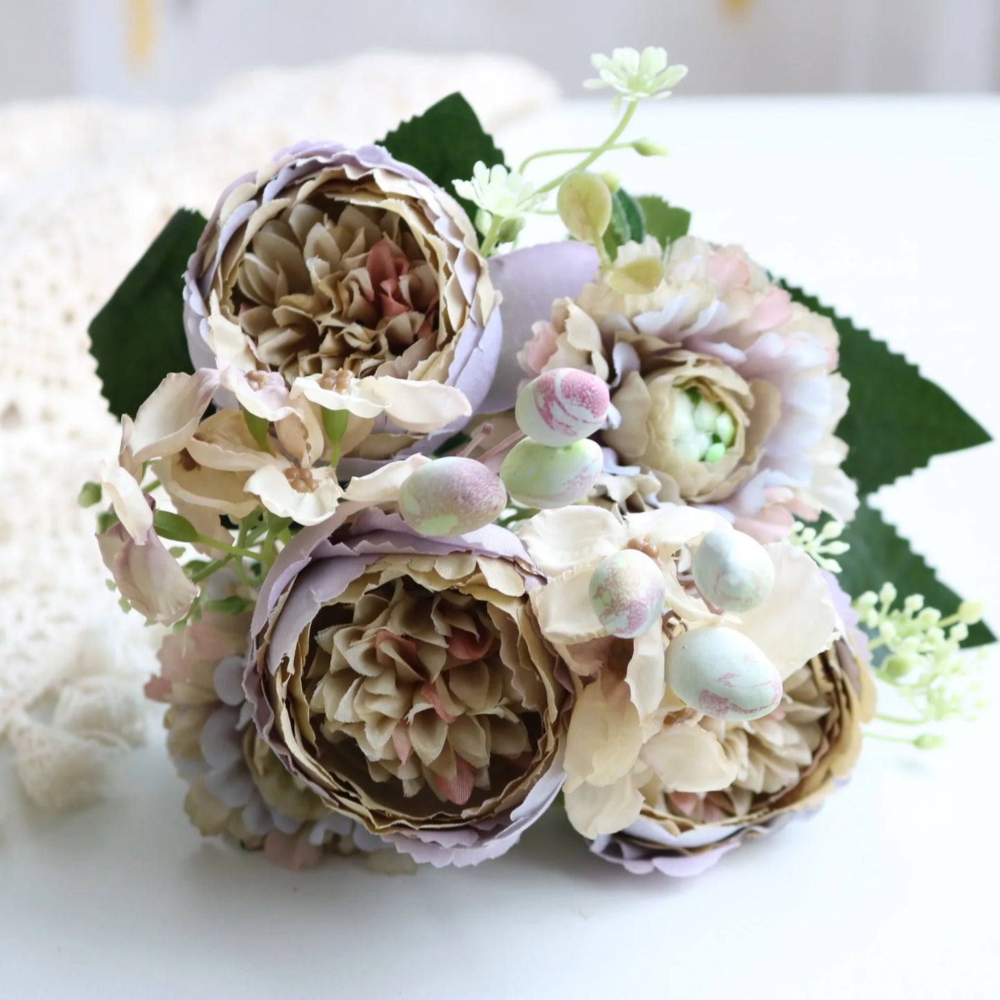 Silk Rose Pink Peony Bouquet, 30cm, 5 Big Heads & 4 Buds