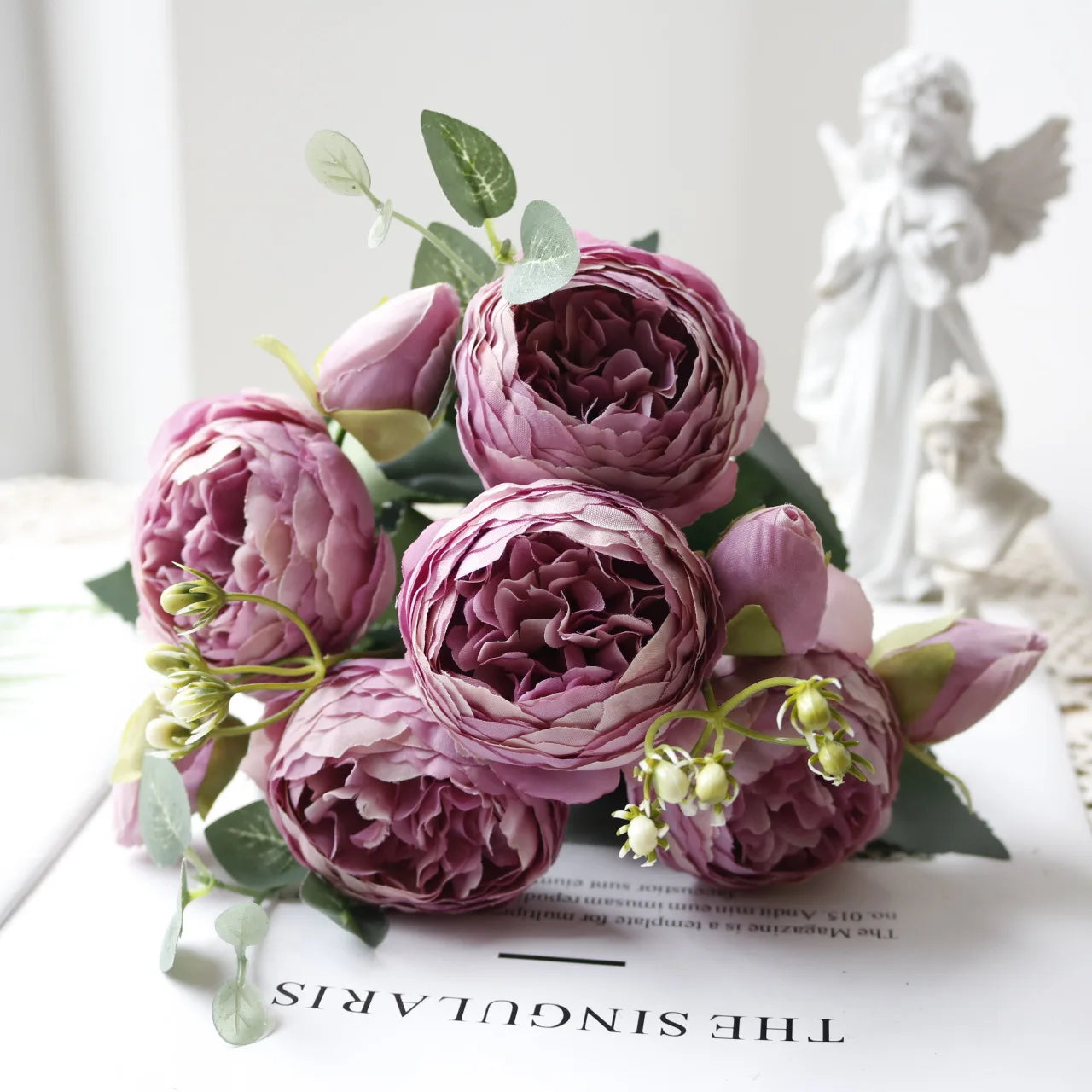 Silk Rose Pink Peony Bouquet, 30cm, 5 Big Heads & 4 Buds