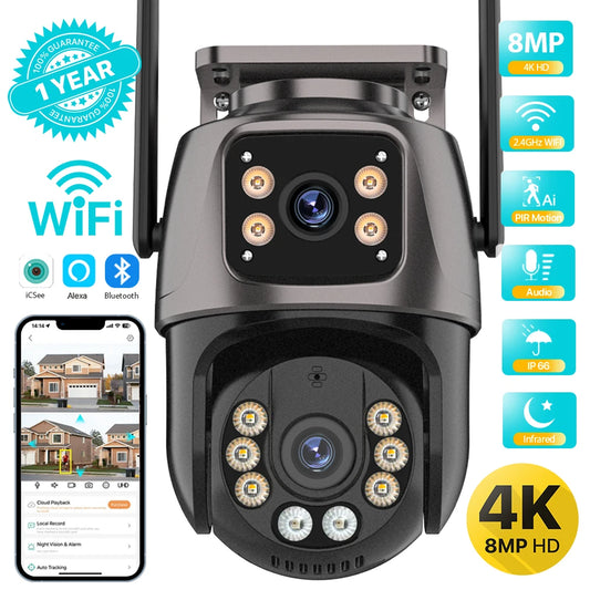4K 8MP HD Wifi PTZ Camera Outdoor (4MP Dual Lens Dual Screen AI Auto Tracking IP Camera CCTV Audio Video Surveillance)