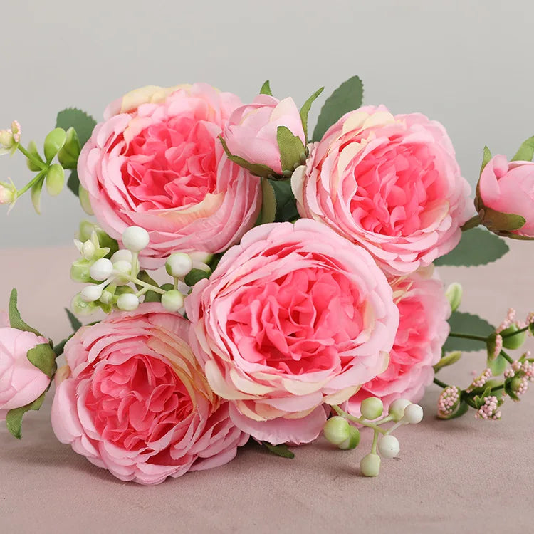 Silk Rose Pink Peony Bouquet, 30cm, 5 Big Heads & 4 Buds