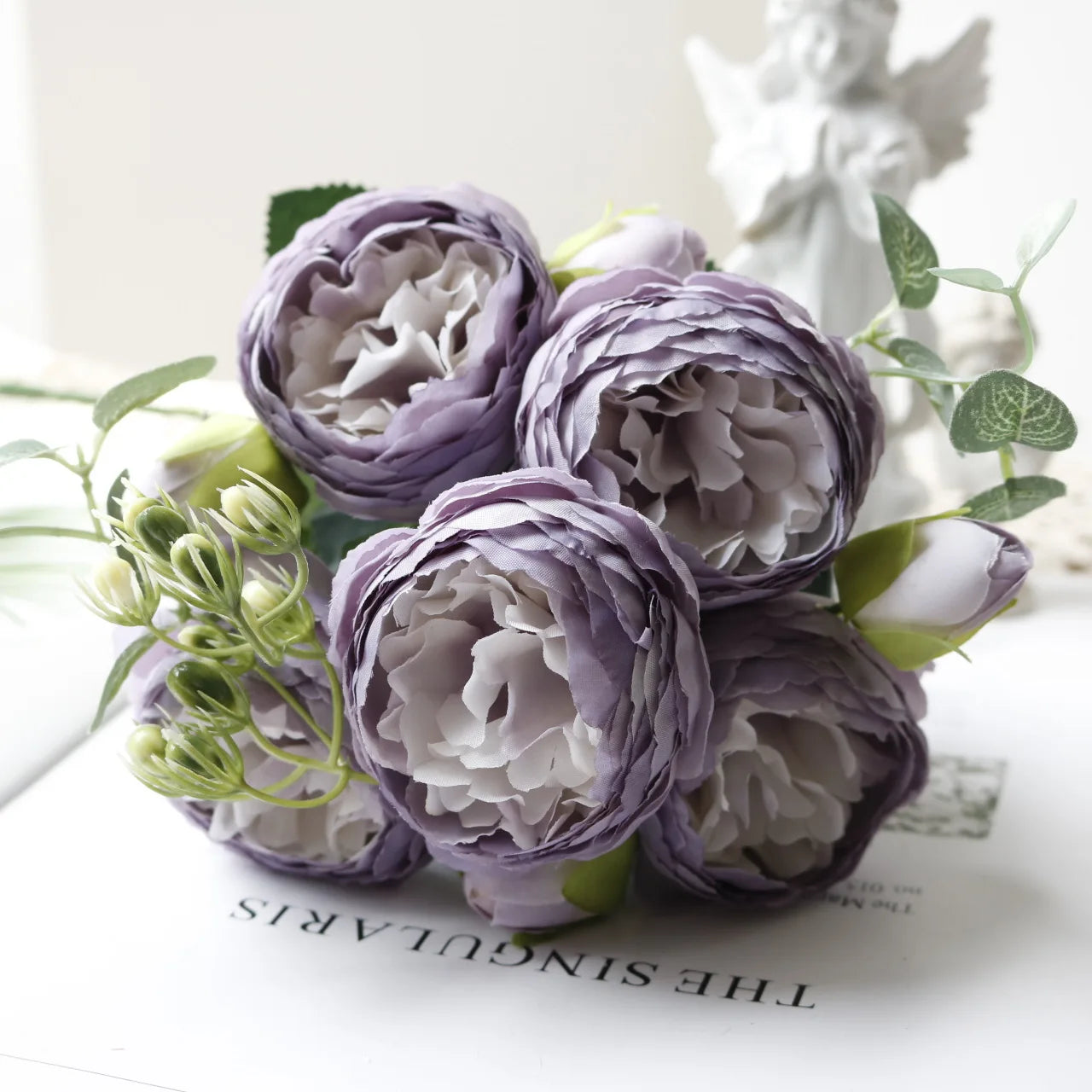 Silk Rose Pink Peony Bouquet, 30cm, 5 Big Heads & 4 Buds