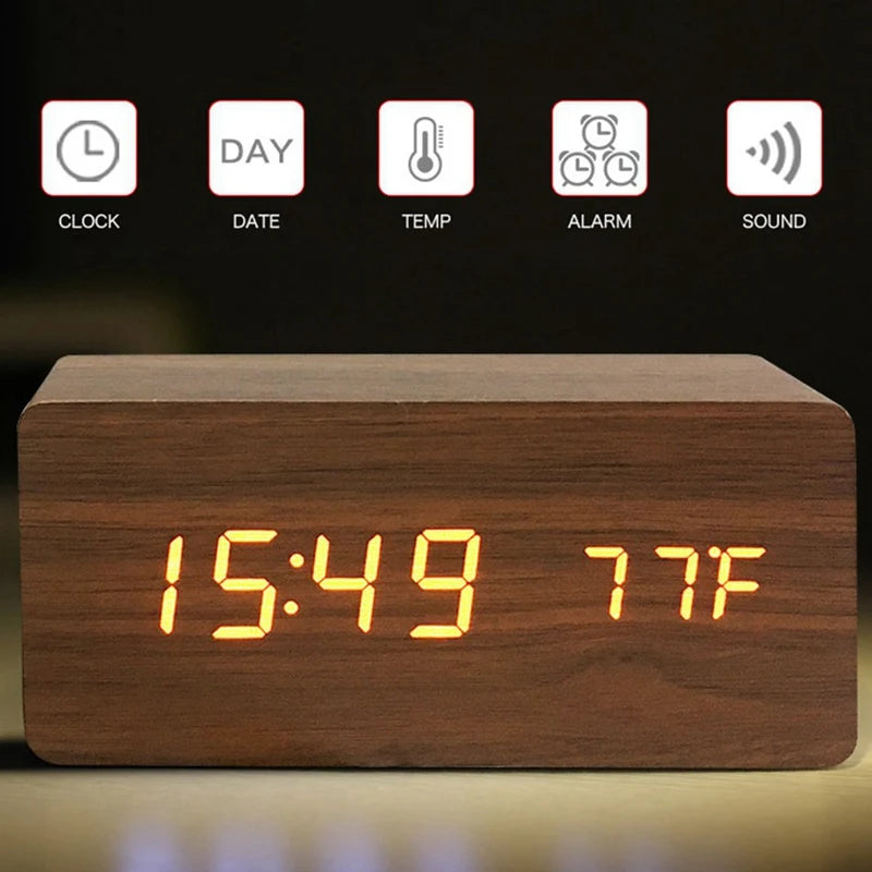 Wooden LED Alarm Clock with Temperature Display