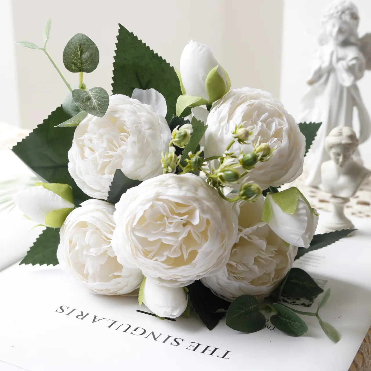 Silk Rose Pink Peony Bouquet, 30cm, 5 Big Heads & 4 Buds
