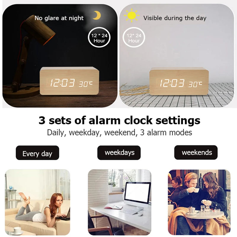 Wooden LED Alarm Clock with Temperature Display