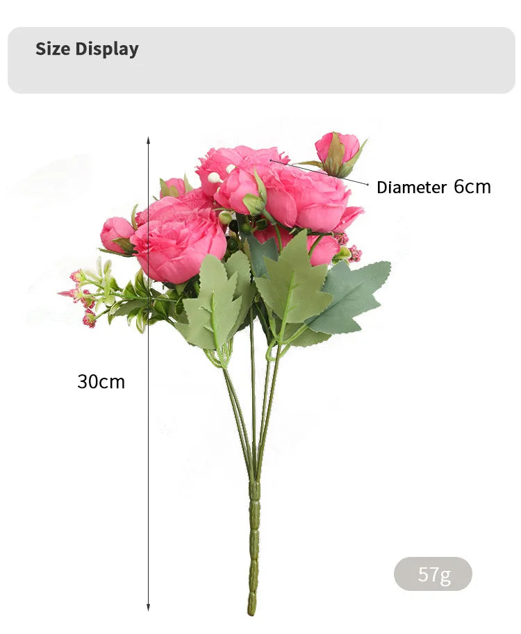 Silk Rose Pink Peony Bouquet, 30cm, 5 Big Heads & 4 Buds