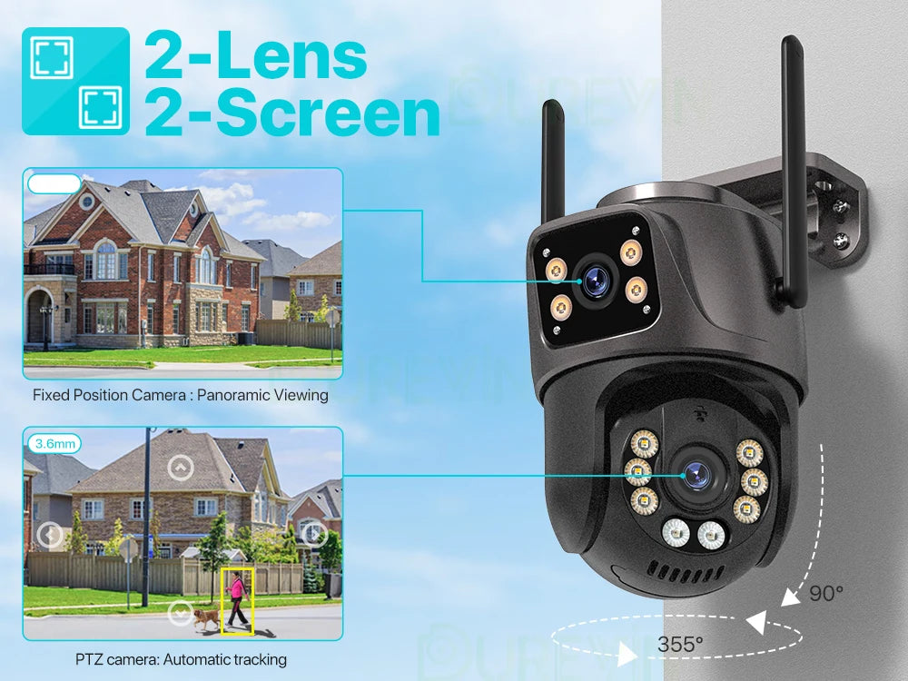 4K 8MP HD Wifi PTZ Camera Outdoor (4MP Dual Lens Dual Screen AI Auto Tracking IP Camera CCTV Audio Video Surveillance)