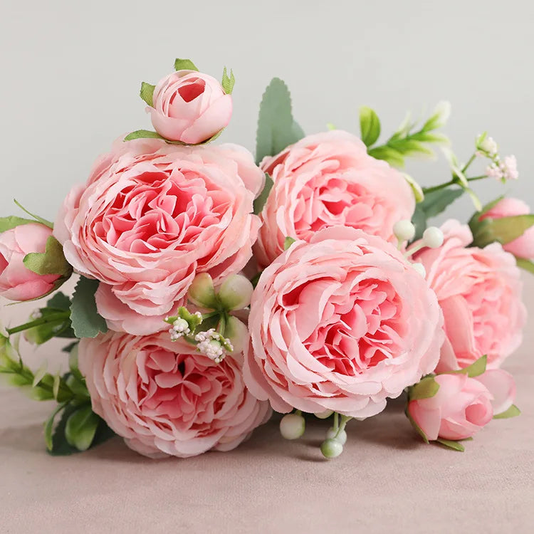 Silk Rose Pink Peony Bouquet, 30cm, 5 Big Heads & 4 Buds