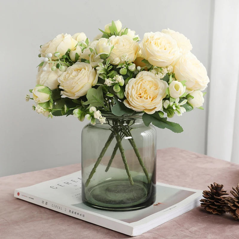 Silk Rose Pink Peony Bouquet, 30cm, 5 Big Heads & 4 Buds