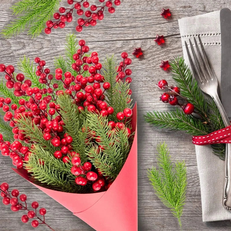 Christmas Pine Branches with Red Berries (10 Pcs)