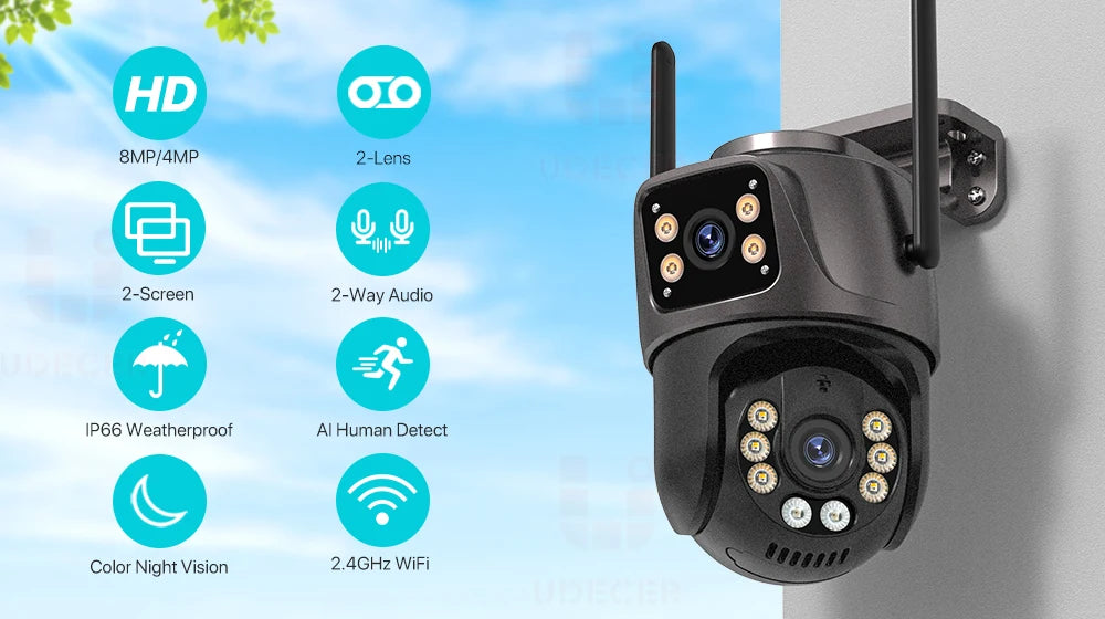 4K 8MP HD Wifi PTZ Camera Outdoor (4MP Dual Lens Dual Screen AI Auto Tracking IP Camera CCTV Audio Video Surveillance)
