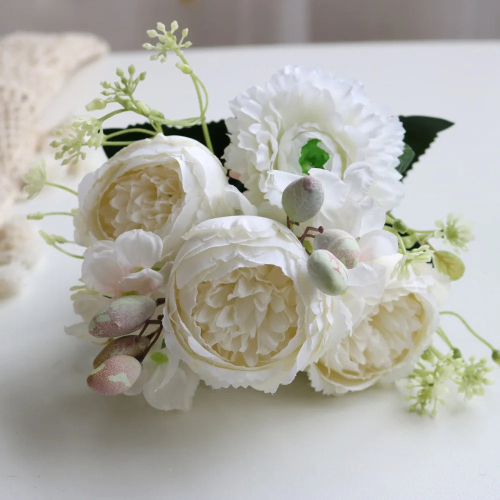 Silk Rose Pink Peony Bouquet, 30cm, 5 Big Heads & 4 Buds