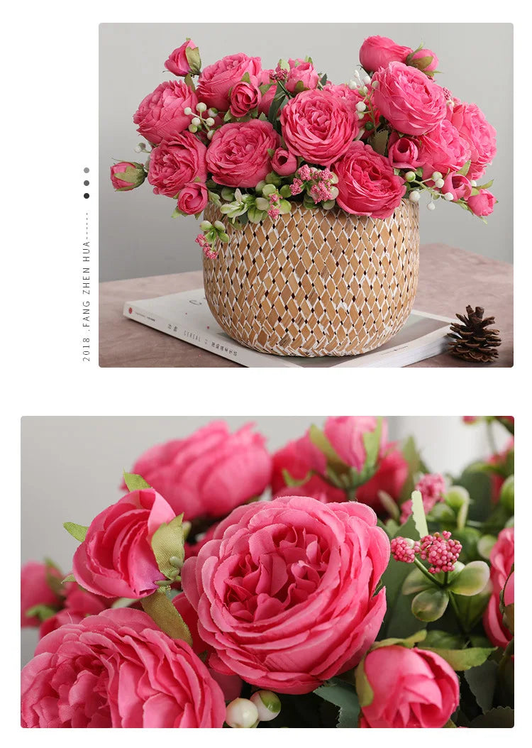 Silk Rose Pink Peony Bouquet, 30cm, 5 Big Heads & 4 Buds