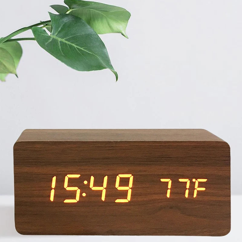 Wooden LED Alarm Clock with Temperature Display
