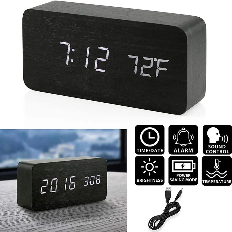 Wooden LED Alarm Clock with Temperature Display