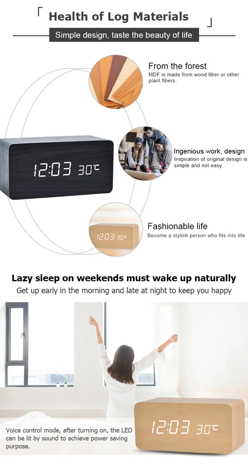 Wooden LED Alarm Clock with Temperature Display