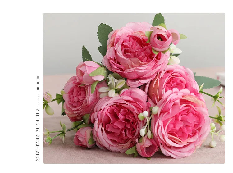 Silk Rose Pink Peony Bouquet, 30cm, 5 Big Heads & 4 Buds